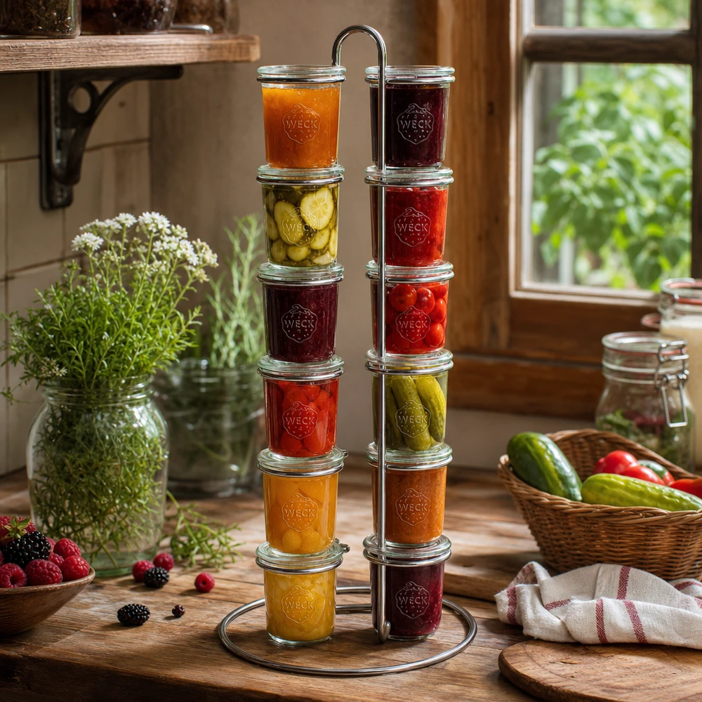 Portabottiglie Vertico12 per 12 tumbler WECK Il portavivande Vertico12 di WECK nella cucina rustica, riempito di marmellate e sottaceti, dimostra la versatilità d'uso.