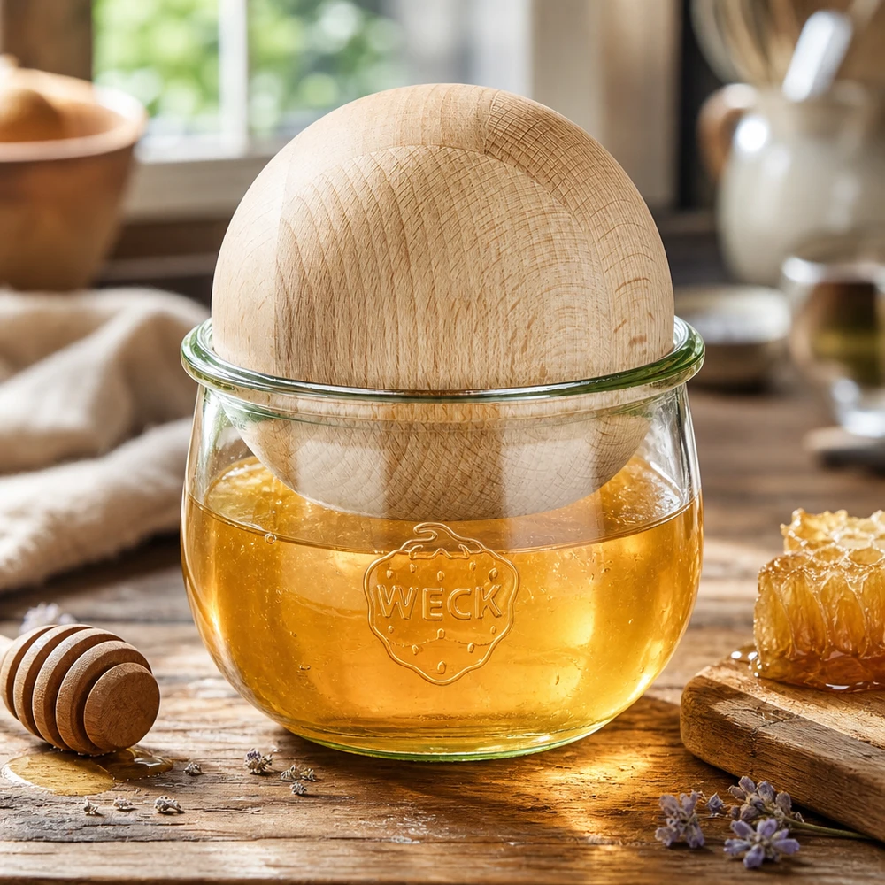 Vaso a tulipano da 580 ml WECK RR100 con sfera in legno di faggio WECK vaso a tulipano 580ml con sfera in legno di faggio riempita di miele, contenitore decorativo per prodotti naturali e accessori da cucina