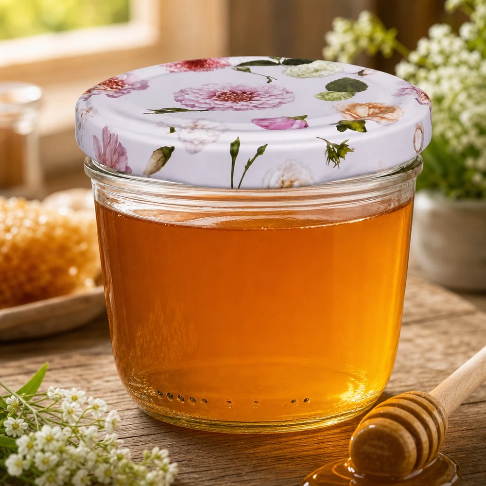 230ml Sturzglas + BasicSeal Deckel Blume rosa UNiTWIST Honig im 230ml Sturzglas mit BasicSeal Deckel rosa Blumen Honigglas Imkerei Naturdeko Holzlöffel