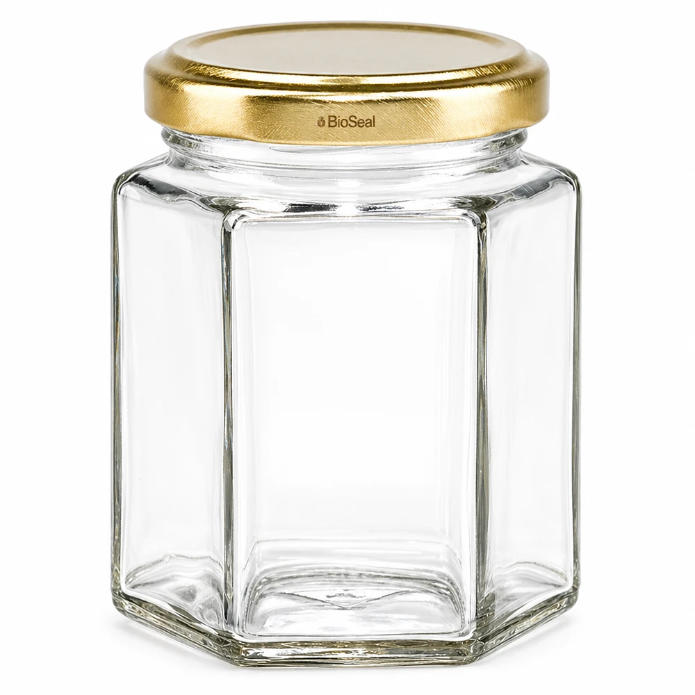 Sechseckiges Einmachglas UNiTWIST Hexa196 mit goldenem TO58 BioSeal Deckel aus Glas transparent leer