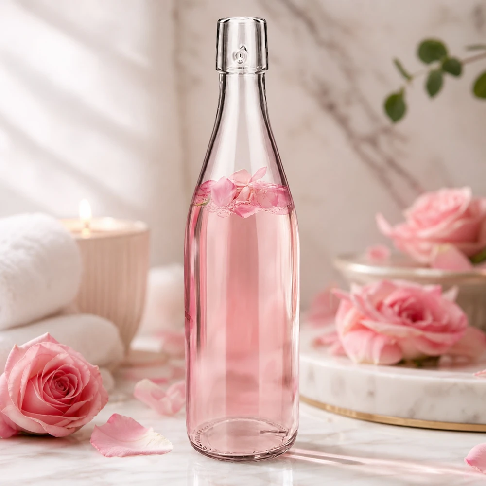 Bottiglia in vetro da 500 ml senza tappo UNiTWIST 500ml UNiTWIST Glasflasche mit Rosenwasser in romantischer Dekoration mit rosa Rosen und elegantem Ambiente