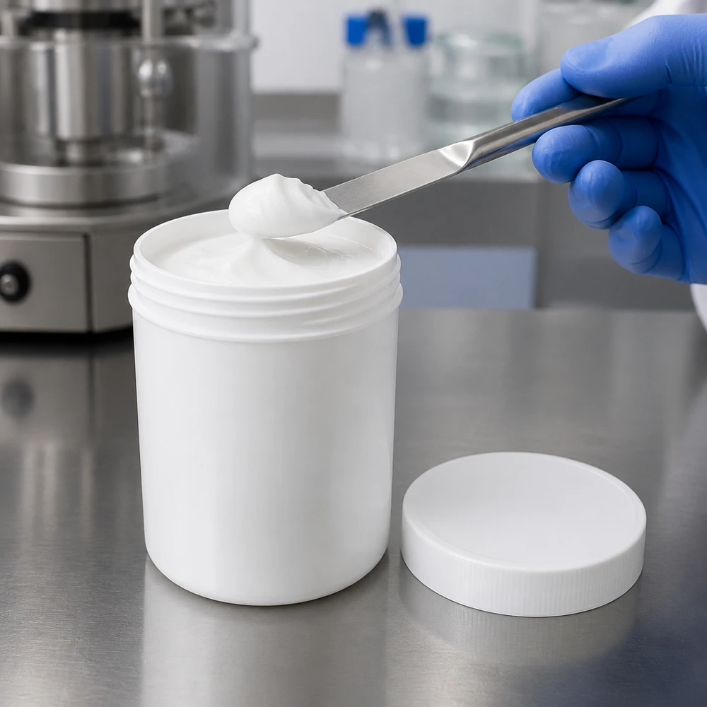Cruche blanche en PP remplie de 150 g lors d'un test de qualité à l'aide d'une spatule en laboratoire