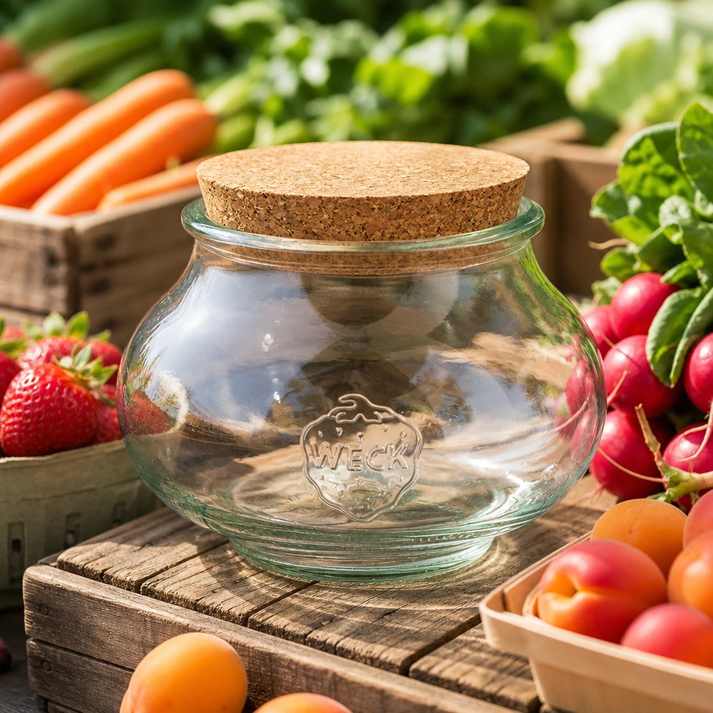560ml Schmuckglas WECK RR80 mit Korken natur WECK Schmuckglas 560ml RR80 leer mit Korkverschluss auf Holztisch umgeben von frischem Gemüse und Obst