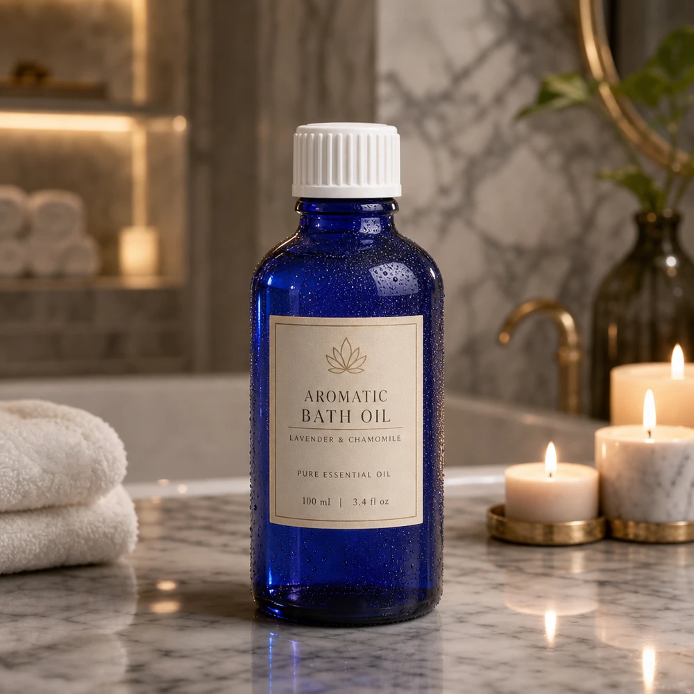 Kompakte 50ml Aromaöl-Flasche aus blauem Schutzglas mit weißem Standardverschluss im Spa-Bereich