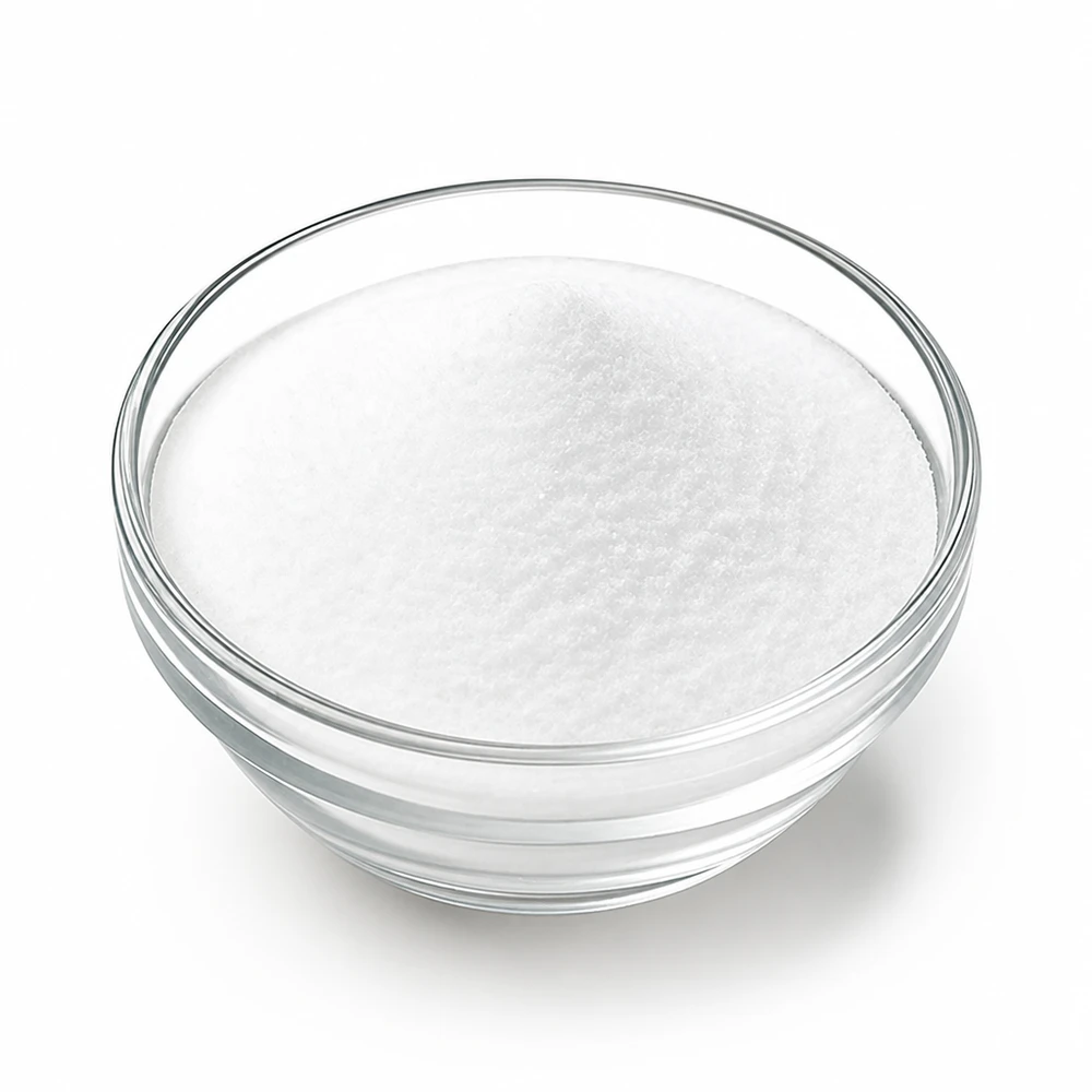 Acido citrico 250g Doktor-Klaus Acido citrico bianco cristallino in polvere 250 g Doktor-Klaus in un piatto di vetro trasparente