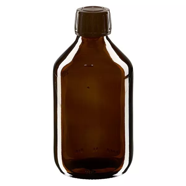Flacone per medicinali da 250 ml marrone, tappo marrone con chiusura antimanomissione