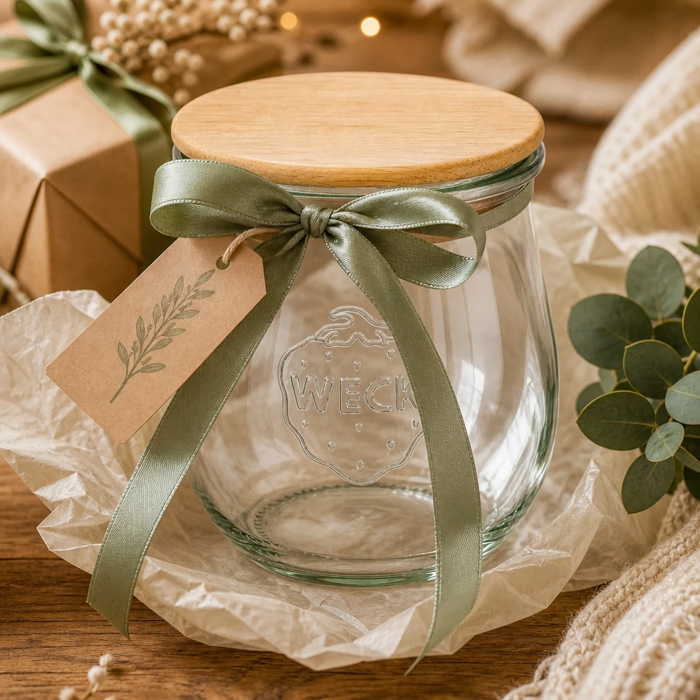 Vaso per tulipani da 220 ml WECK RR60 con coperchio in legno Vaso WECK tulipano 220ml RR60 in regalo con nastro verde e targhetta - vaso da conserva con coperchio in legno, confezionato in modo decorativo