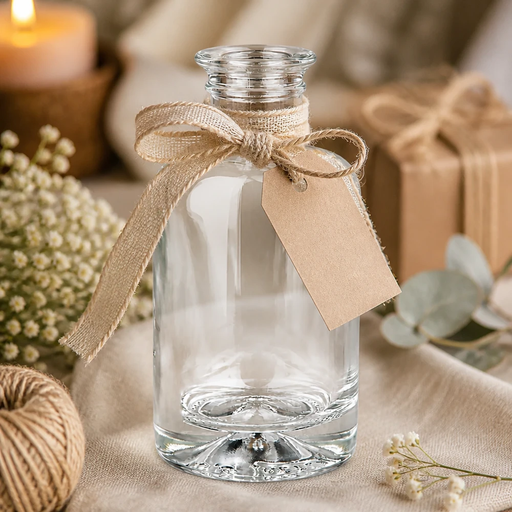 Flacone farmaceutico da 100 ml Sofia senza tappo UNiTWIST® 100ml Glasflasche Sofia als Geschenkidee mit Juteschleife und Anhänger in gemütlicher Deko-Atmosphäre mit Kerzen