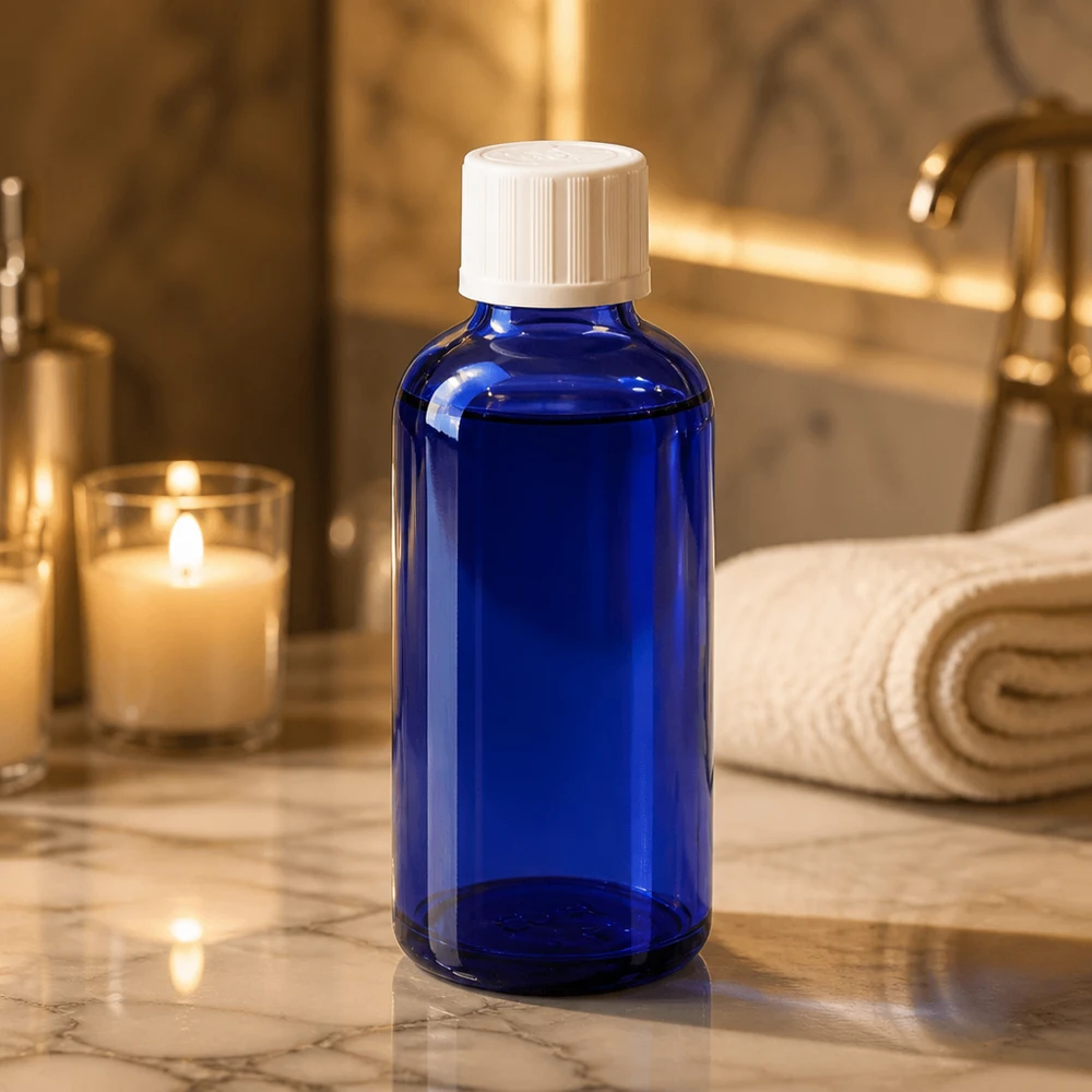 Flacon en verre bleu de 50 ml avec bouchon à vis blanc, posé sur du marbre dans une salle de bains élégante