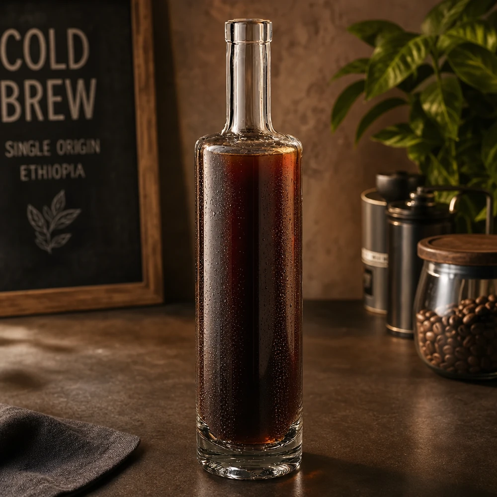 Bottiglia in vetro da 500 ml di Lina riempita di caffè cold brew in un'elegante atmosfera da caffetteria con chicchi di caffè e deodorante vintage.