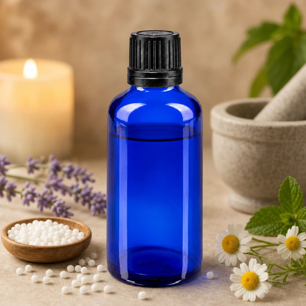Flacon à pharmacie bleu 50ml bouchon inviolable 1mm noir bouchon d'inviolabilité Flacon compte-gouttes bleu de 50 ml muni d'un embout compte-gouttes de précision de 1 mm, à côté de fleurs de camomille et d'un mortier