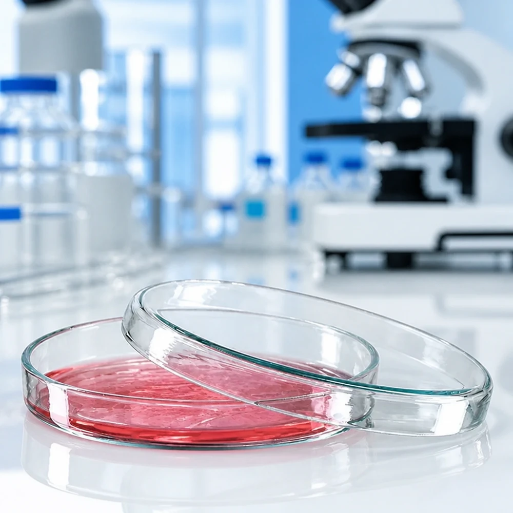 Petrischale 90x15mm Glas Petrischale 90x15mm aus klarem Glas mit rotem Agar für mikrobiologische Laborversuche