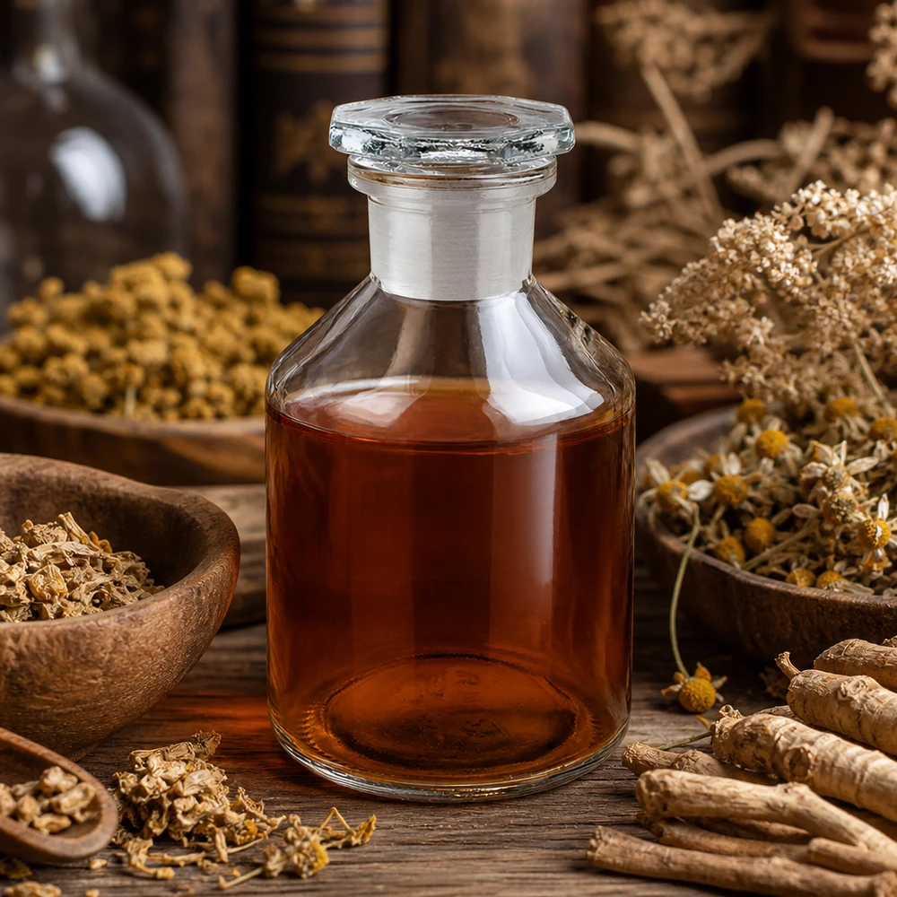 Bottiglia a collo alto 50ml in vetro trasparente con tappo a collo stretto Bottiglia a collo corto da 50 ml trasparente con tappo di vetro, circondata da erbe medicinali essiccate e radici