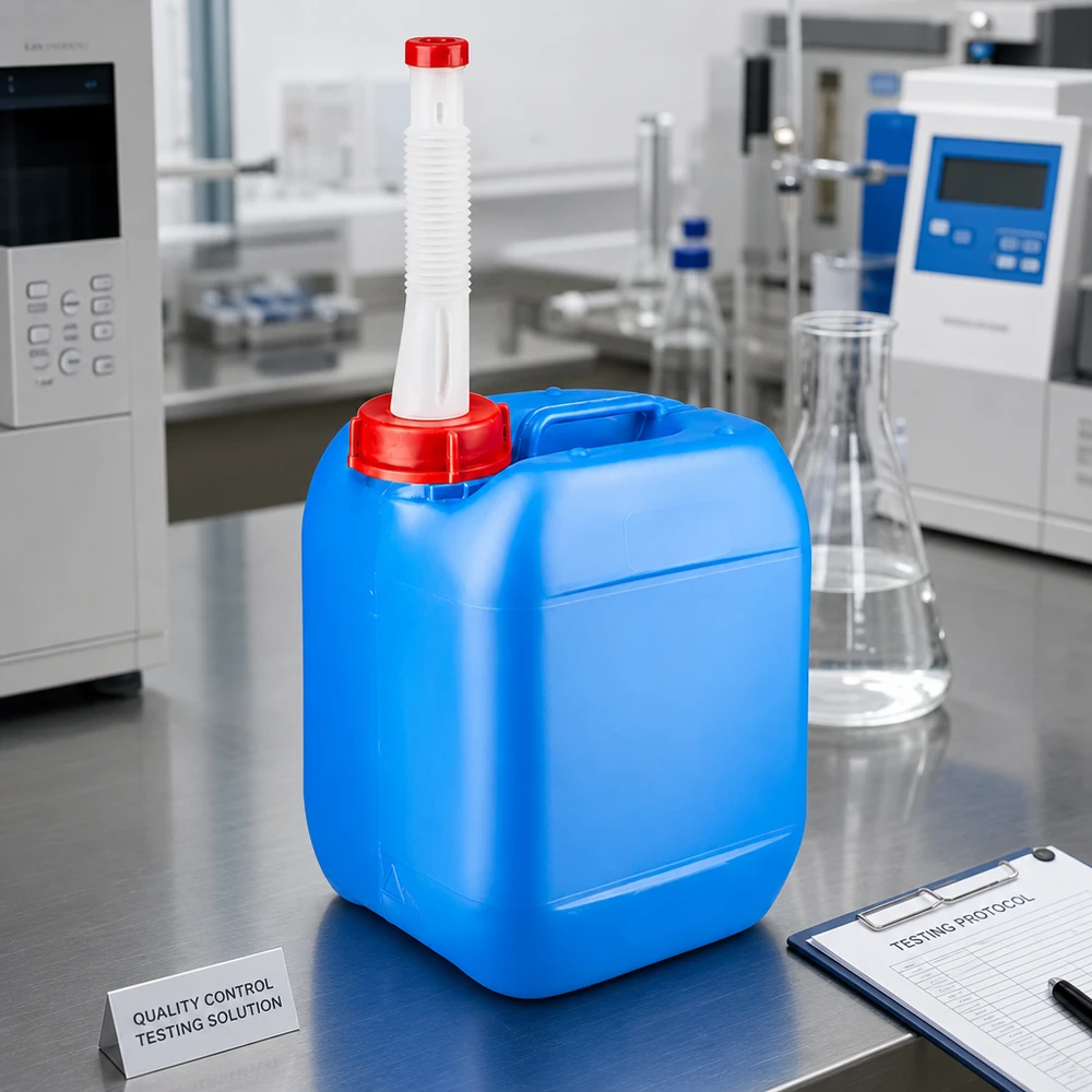 Bidon 5 litres bleu avec tube de vidange Flex Bidon robuste de 5 litres pour le contrôle qualité, bleu, avec bec verseur flexible, destiné aux laboratoires professionnels