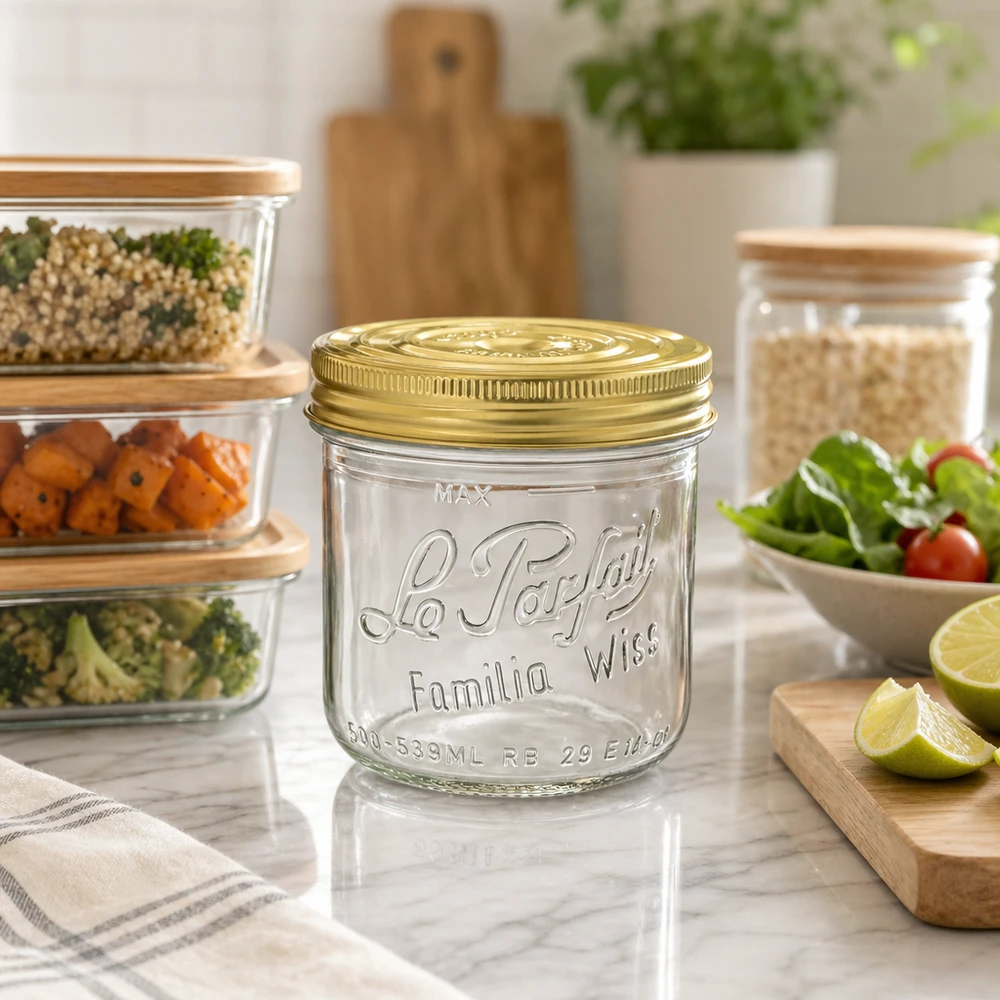 Le Parfait® Familia Wiss 500 g Ø100 mm vaso Bicchieri Familia Wiss da 539 ml con coperchio dorato sul bancone della cucina accanto a barattoli e alimenti freschi