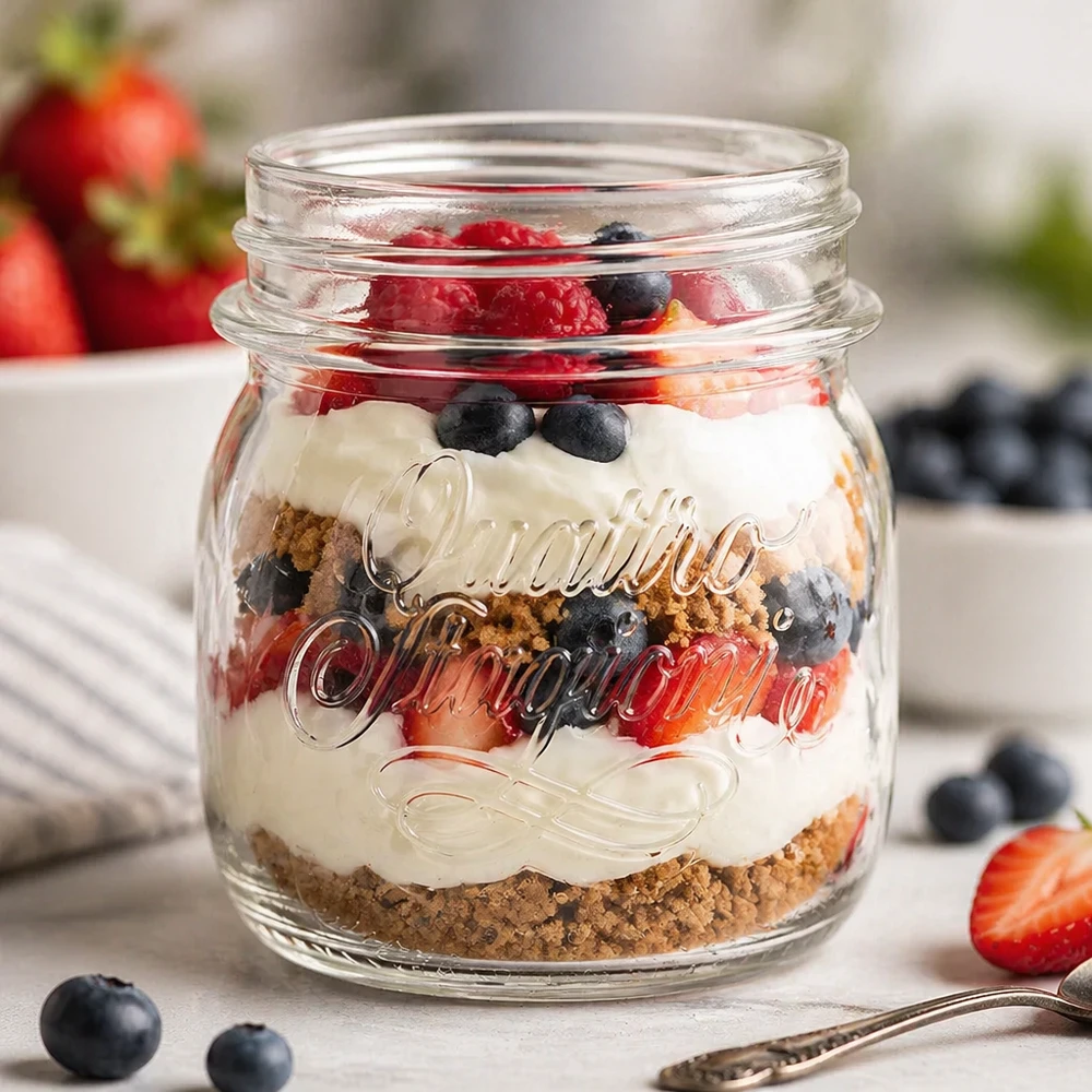 250ml Rundglas "Quattro Stagioni" QS70mm Quattro Stagioni 250ml Glas mit Schichtdessert aus Keksboden Creme und Beeren als Haushaltsglas für Aufbewahrung