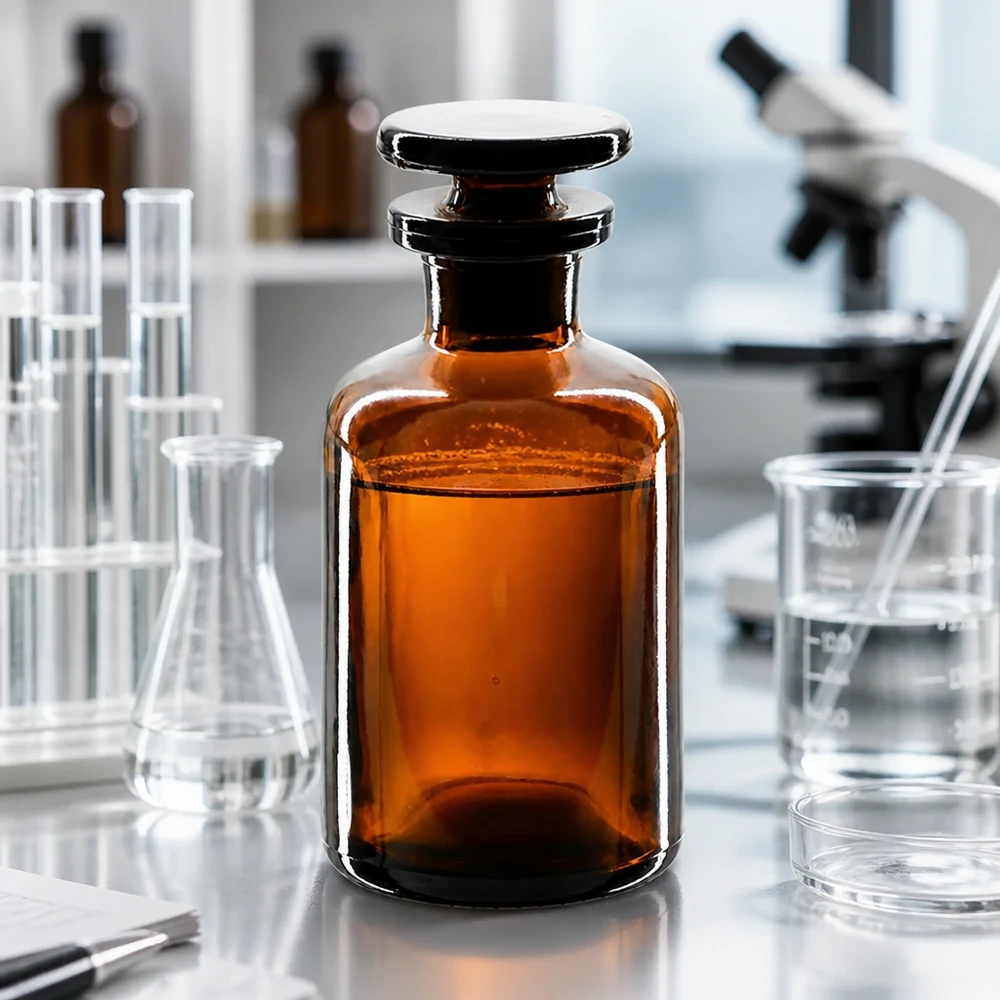 Bottiglia a spalla tonda 50ml marrone collo stretto in vetro con tappo Fiaschetta in vetro ambrato a spalla arrotondata da 50 ml, a collo stretto con tappo in vetro, per sostanze chimiche da laboratorio