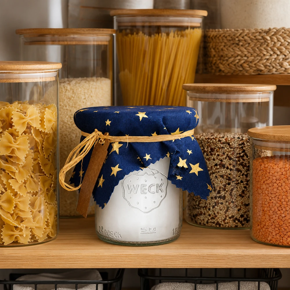 Centrino di stoffa per gioielli blu "stelle" 15cm quadrato Centrino in tessuto blu con motivo a stella su un barattolo per conserve tra vasi di stoccaggio in una cucina organizzata 15 cm quadrati