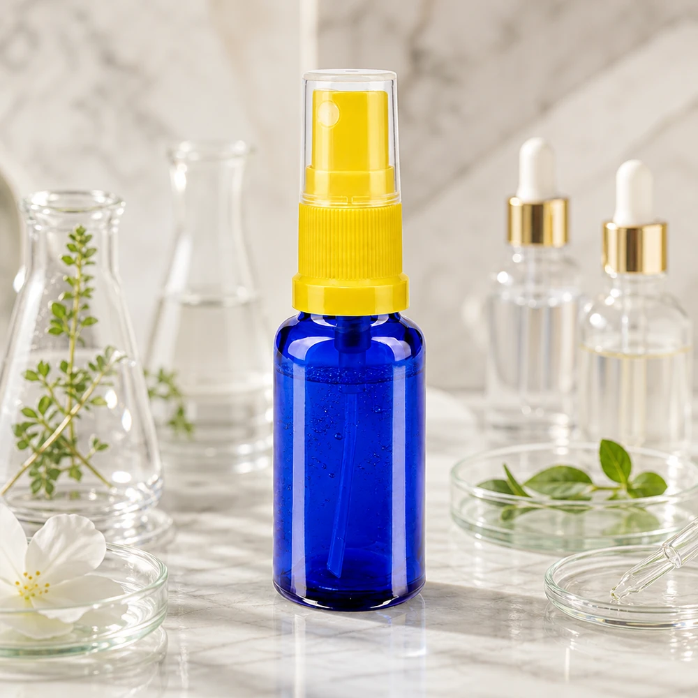 Apothekenflasche blau 20ml Sprayaufsatz gelb Apothekenglas 20ml in Blau mit gelbem Sprühkopf ideal für Aromatherapie und Hautpflege