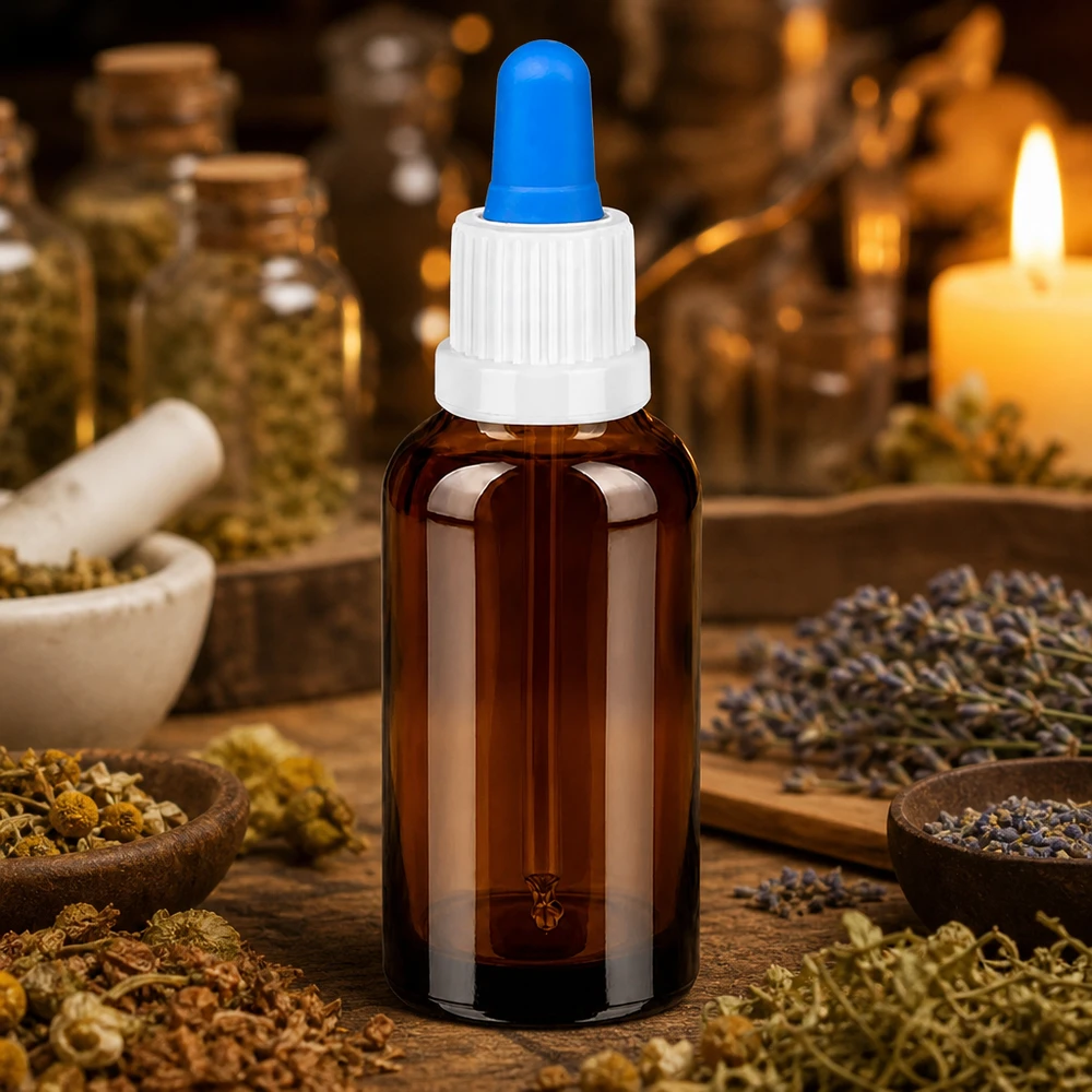 Bottiglia per pipette da 30 ml bianco/blu OV BrownLine UT18/30 Flacone in vetro da 30 ml con pipetta igienica - erogazione sterile per scopi medici e cosmetici