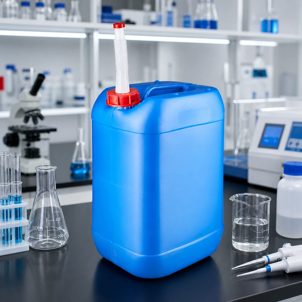Bidon 25 litres bleu avec tube de vidange Flex Bidon rectangulaire bleu de 25 L en PEHD, avec bec verseur flexible et poignée de transport en plastique