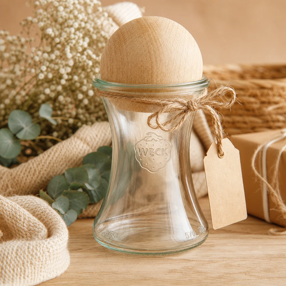Vasetto da 370 ml WECK RR80 con sfera in legno di faggio. Palla di legno di faggio WECK barattolo per salumeria 370ml RR80 palla di legno faggio confezione regalo spago di iuta etichetta naturale attrezzatura da cucina
