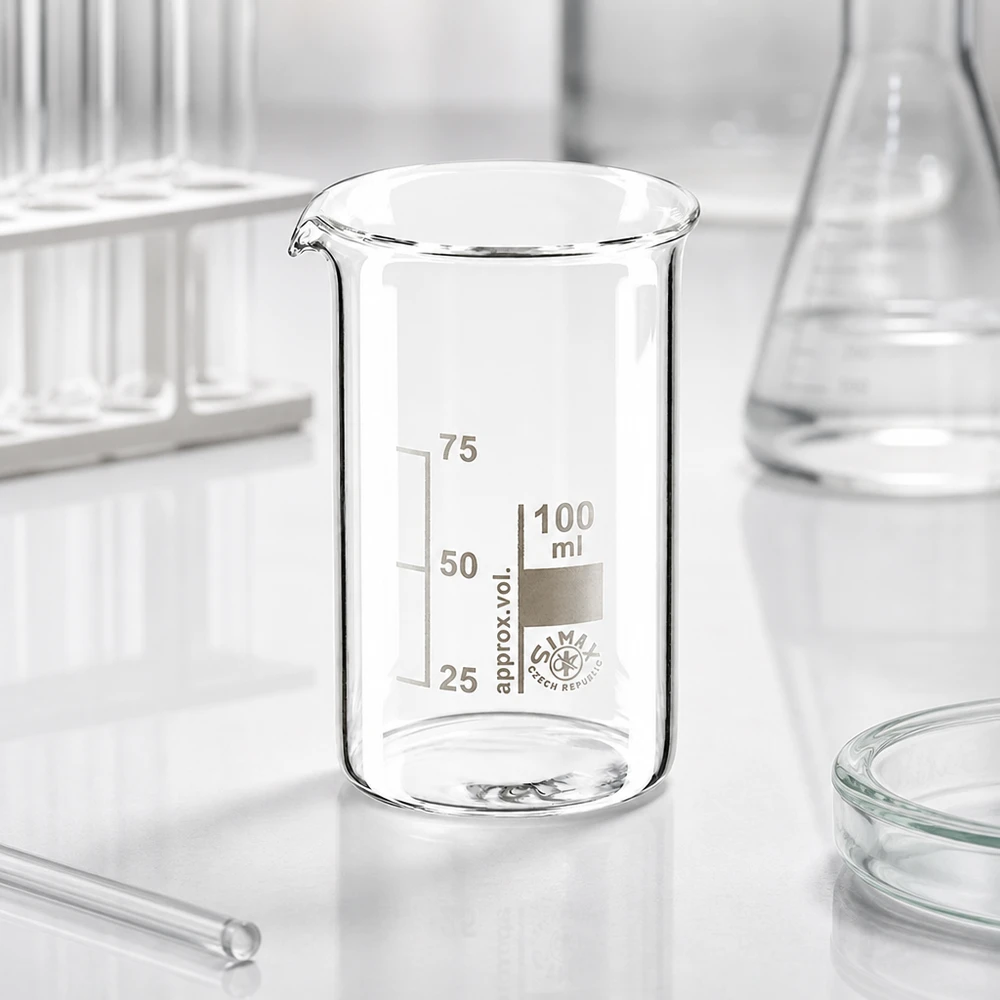Bicchiere da 100 ml in vetro borosilicato, forma alta Bicchiere di vetro vuoto da 100 ml, forma alta, in vetro borosilicato con scala di misurazione impressa da 25 a 75 ml