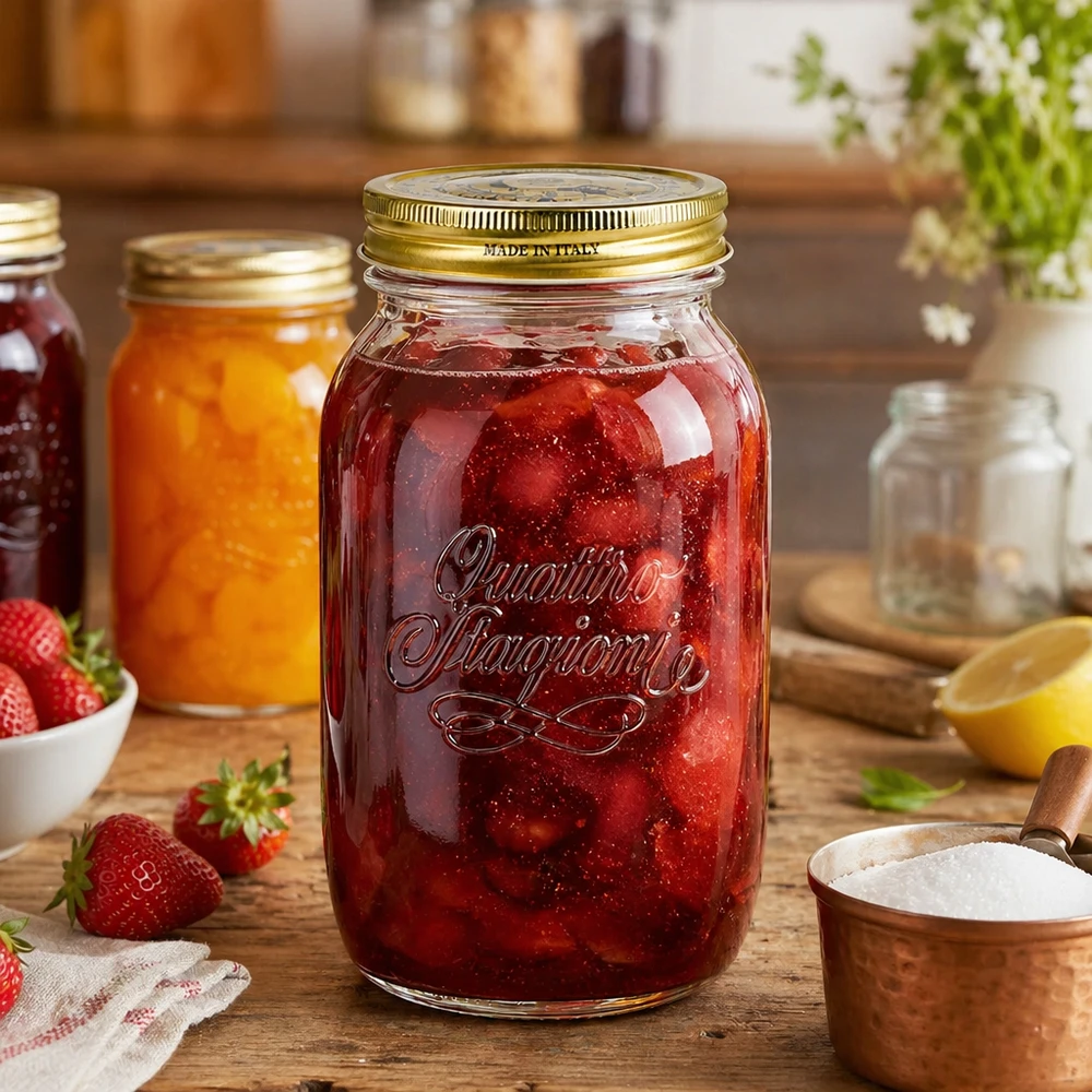 1500ml vetro tondo "Quattro Stagioni" con coperchio Quattro Stagioni 1500ml barattolo da conserva pieno di marmellata di fragole Scena di cucina Barattolo da conserva italiano marmellata di fragole
