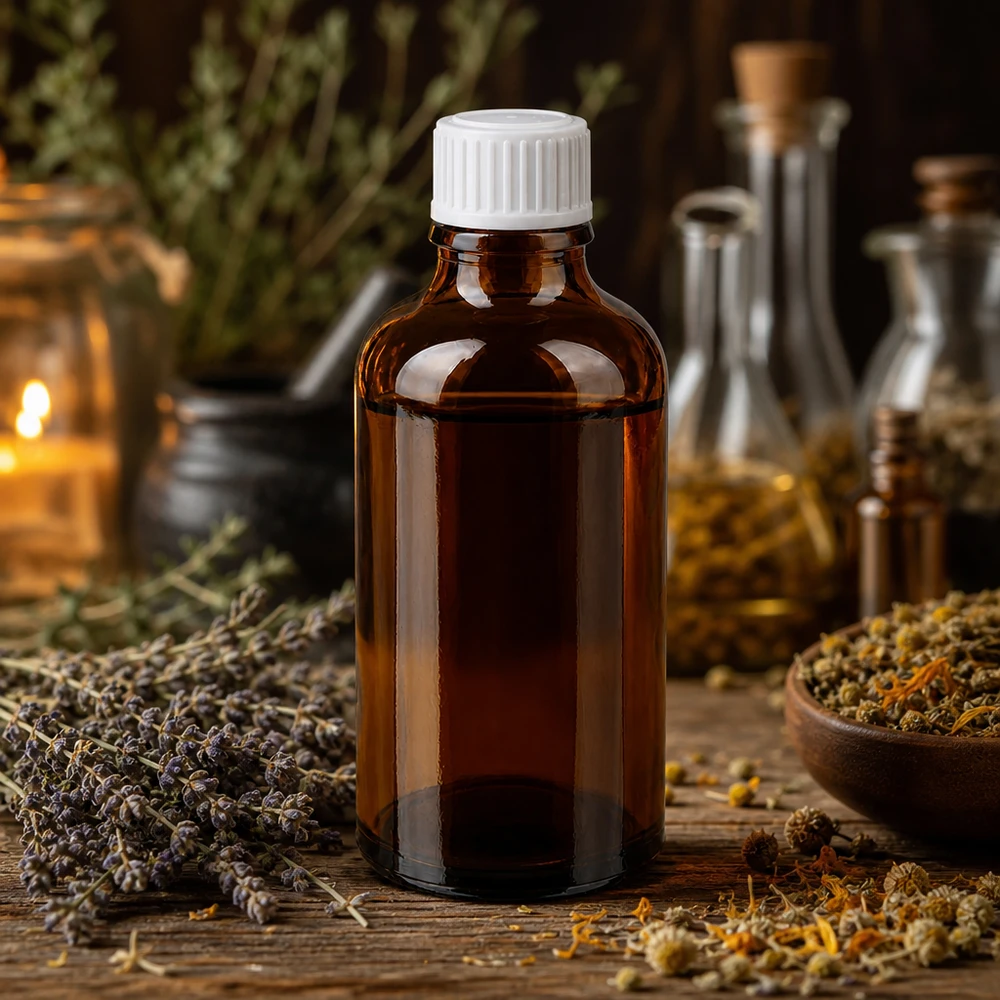 Apothekenflasche braun 50ml Schraubverschluss weiß Standard Kompakte 50ml Apothekerflasche Braunglas mit Schraubverschluss in naturheilkundlicher Umgebung