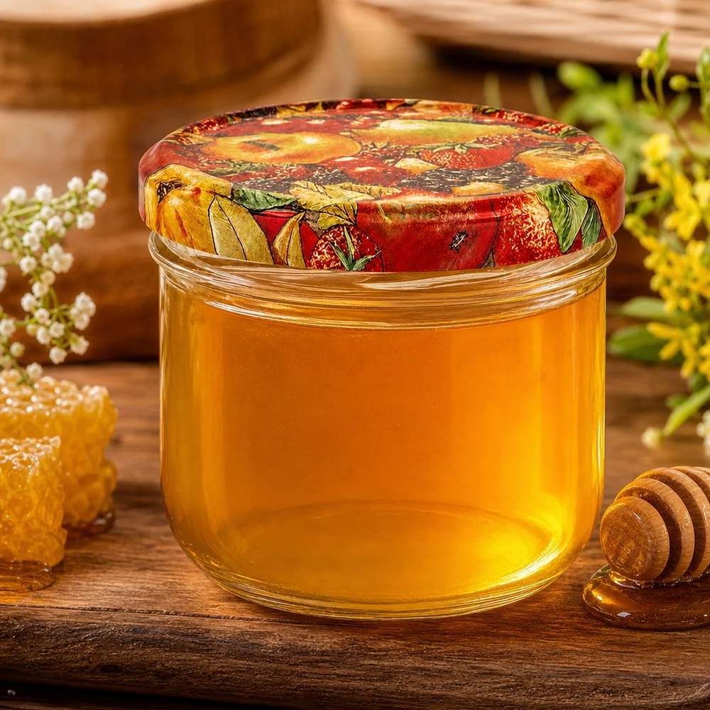 260ml Sturzglas + BasicSeal Deckel Obst-Dekor UNiTWIST Honig im 260ml Sturzglas mit BasicSeal Obst-Deckel, dekorative Präsentation mit Bienenwaben und Honigstab