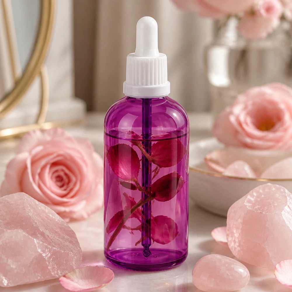 Flacone in vetro da 100 ml con attacco per pipetta in colore viola di tendenza per prodotti benessere