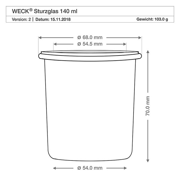 12er Set Weck Gläser 140 ml Sturzgläser Technische Zeichnung WECK Sturzglas 140ml RR60 mit Maßangaben und Spezifikationen für Holzkugel-Deckel aus Buche