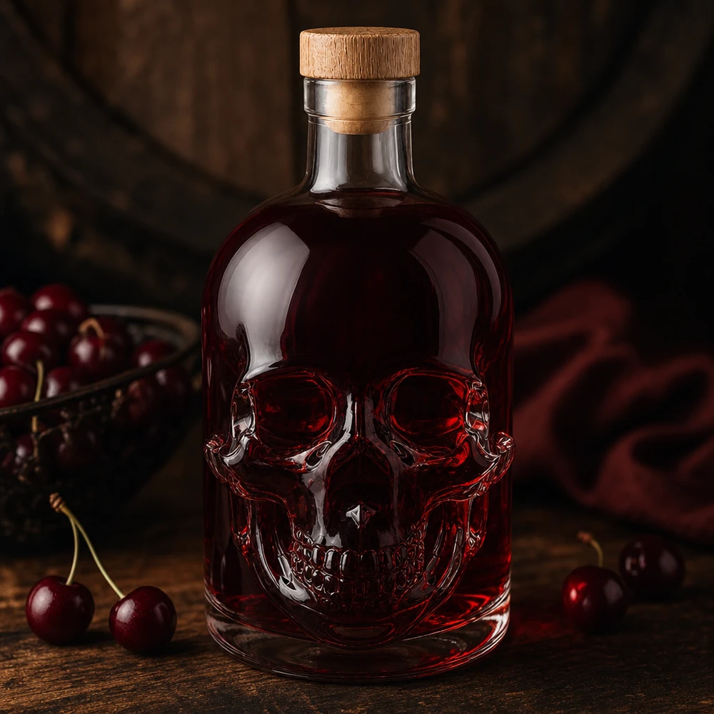 Jack Glasflasche 500ml mit rotem Inhalt und Kirschen, Totenkopf-Design mit Holzkorken in dunkler Atmosphäre