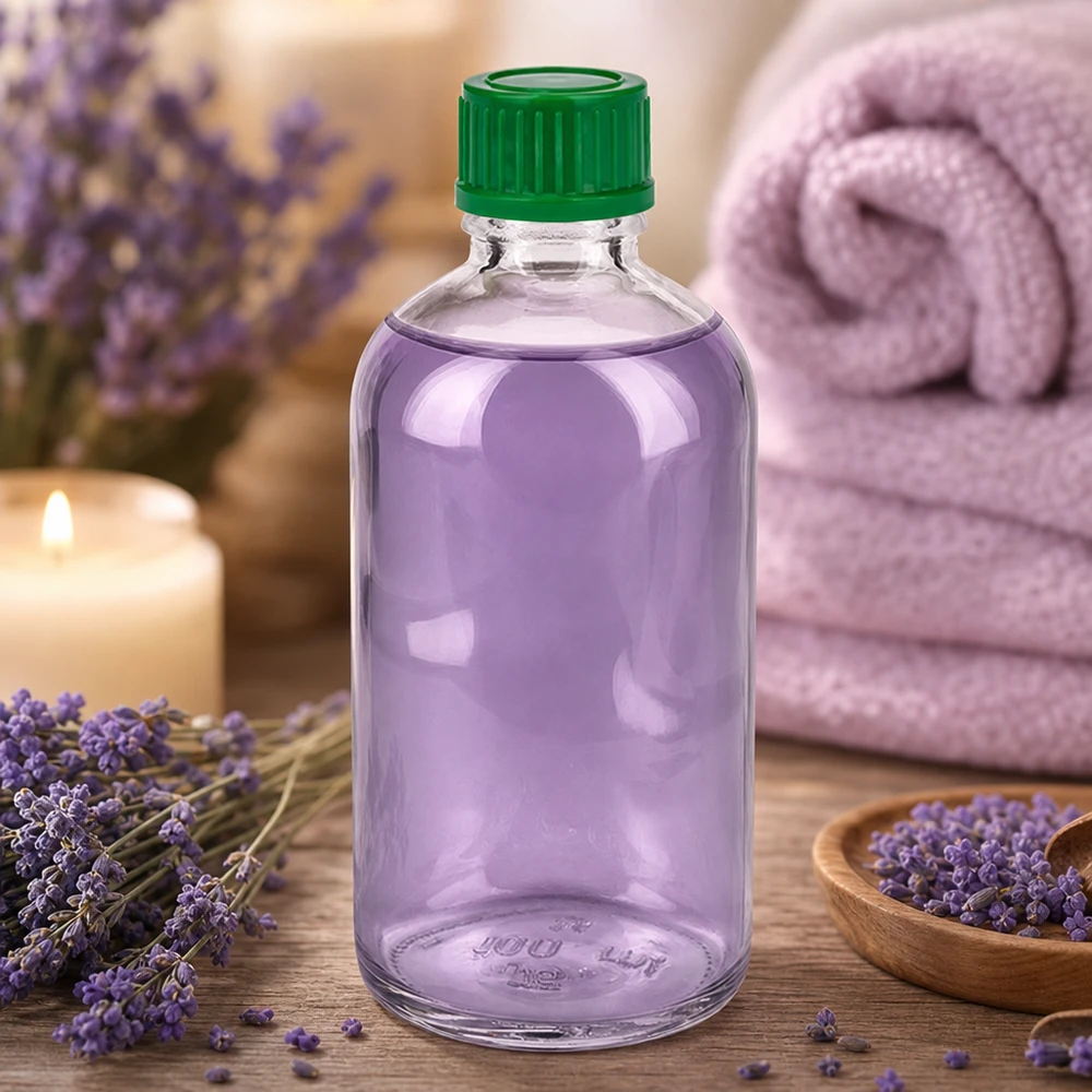 Bottiglia da 100ml 11mm SV verde STD ClearLine UT18/100 Olio di lavanda in flacone di vetro a spalle arrotondate ClearLine UT18/100 da 100 ml con tappo verde