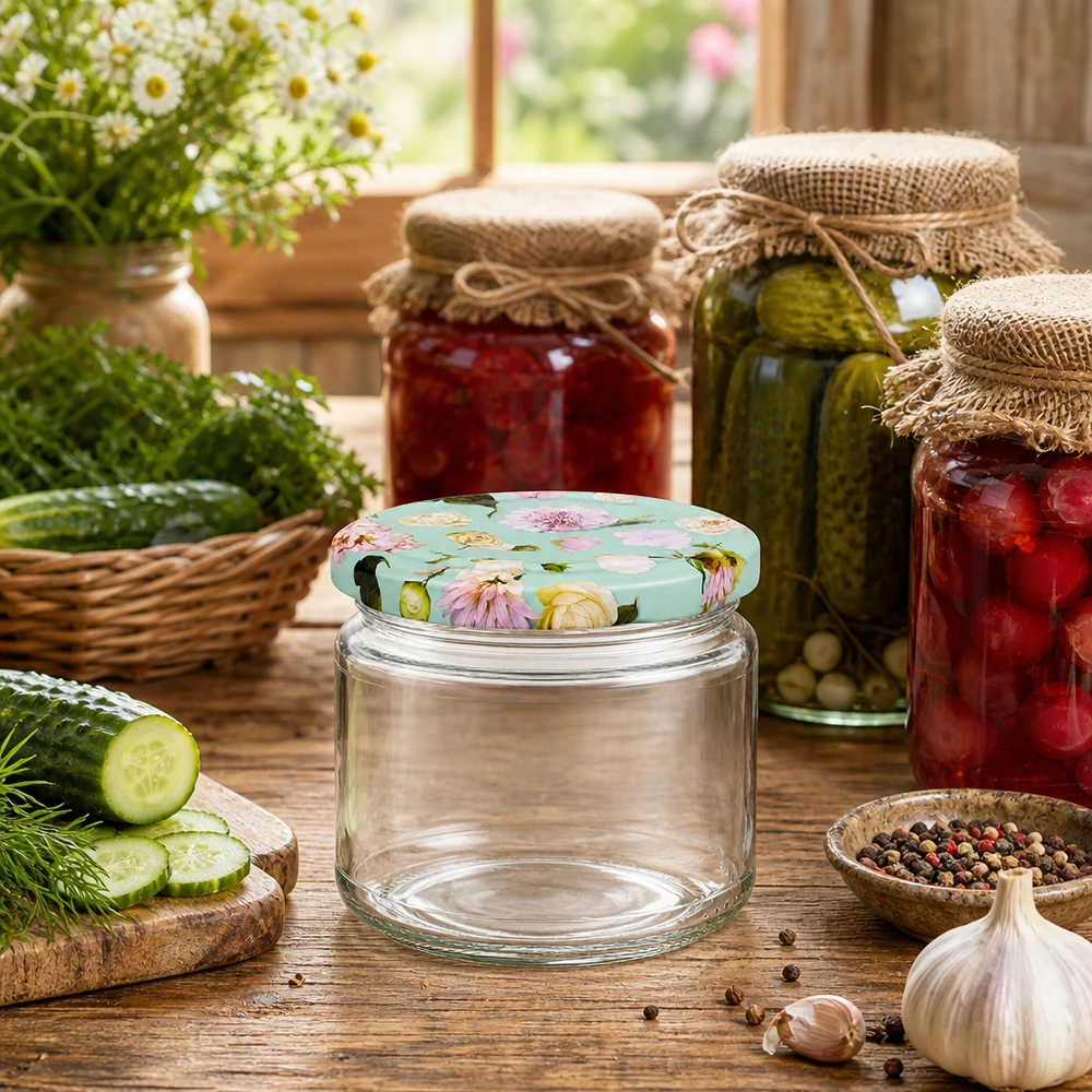 Barattolo rotondo da 330 ml con coperchio BasicSeal fiore di menta vuoto tra barattoli per conserve sottaceti e utensili da cucina
