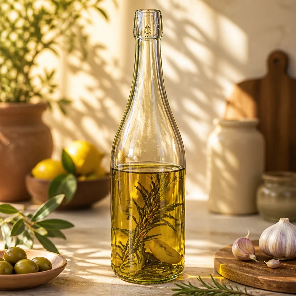 Bottiglia in vetro da 750 ml senza tappo UNiTWIST Bottiglia di vetro UNiTWIST da 750 ml riempita con olio alle erbe della cucina mediterranea con olive e aglio Esempio di utilizzo
