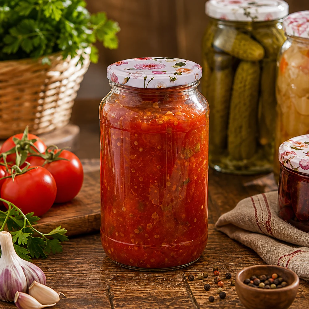 1062ml Rundglas + BasicSeal Deckel Blume rosa UNiTWIST Einmachglas 1062ml mit Tomatensauce gefüllt zeigt praktische Verwendung des rosa Blumendeckels in Küche