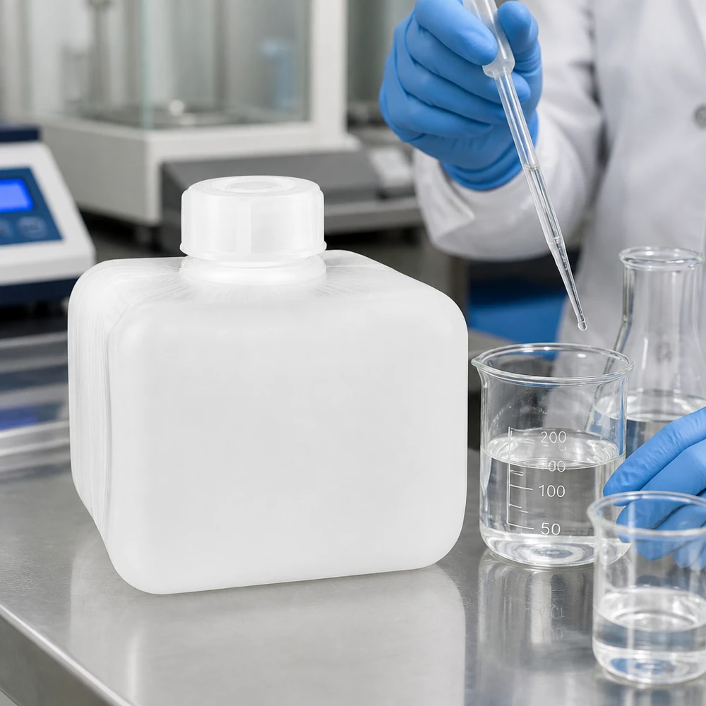 Flacon rectangulaire en PE-HD pour produits chimiques, 250 ml, à col étroit, à côté d'une balance de précision dans un laboratoire d'analyse