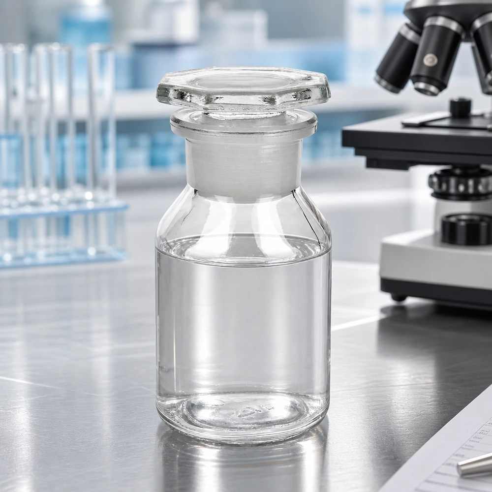 Fiaschetta a fondo piatto da 50 ml, trasparente, a collo largo, con tappo in vetro molato, su un tavolo da laboratorio accanto a un microscopio
