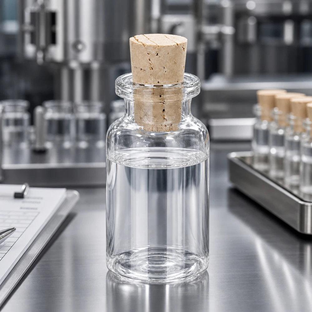 Flasche Klarglas 10ml mit Korken 11/14mm Stabiler Glasbehälter 10ml mit konischem Naturkorken 11/14mm auf Labortisch mit Tray