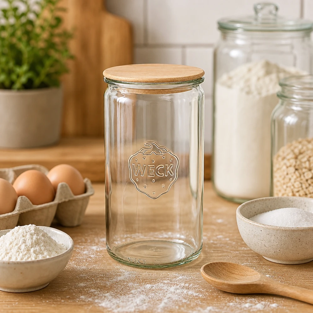 1590ml Zylinderglas WECK RR100 mit Holzdeckel WECK Glas 1590ml RR100 leer in Backküche mit Mehl Eiern und Backzutaten für Brotbacken und Teigzubereitung