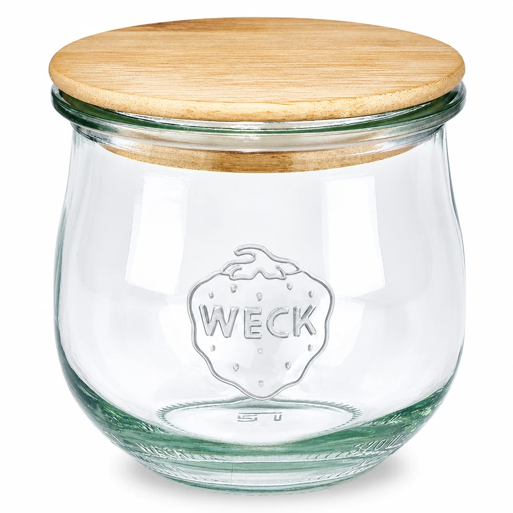Barattolo a tulipano da 370 ml WECK RR80 con coperchio in legno WECK vaso a tulipano 370ml RR80 con coperchio in legno Vaso per conserve con coperchio in vetro in legno naturale