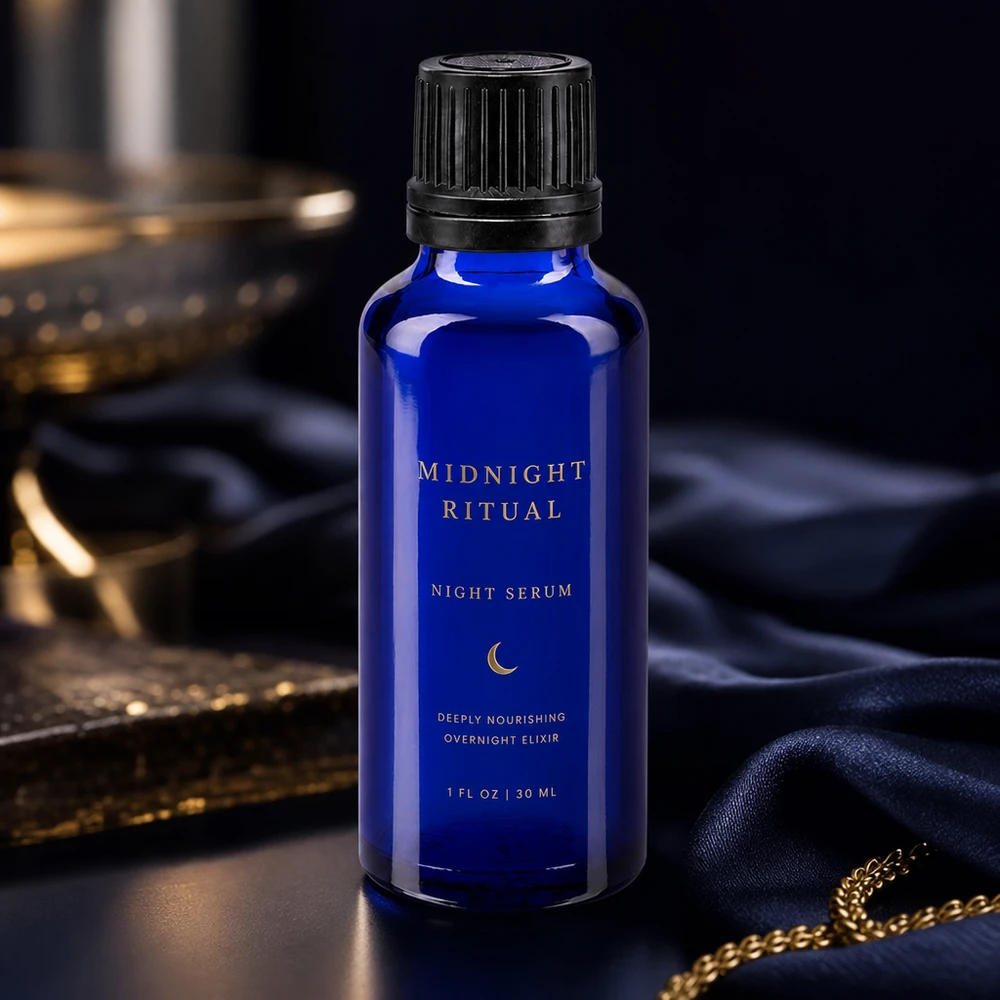 Apothekenflasche blau 30ml Schraubverschluss schwarz Giessring Originalitätsverschluss Blaue 30ml GR OV Flasche mit goldenem Labeldesign vor dunklem Luxus-Hintergrund