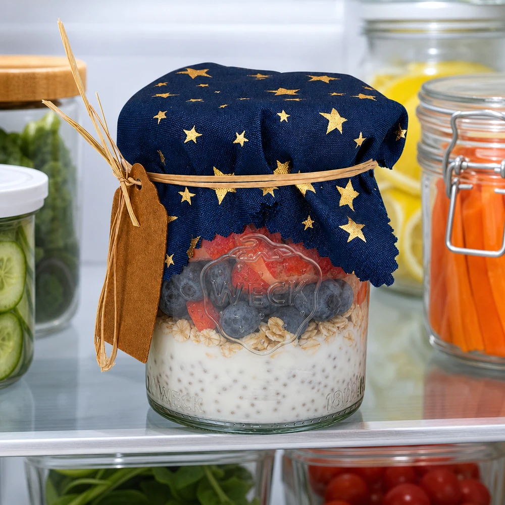 Centrino per gioielli in tessuto blu "stelle" 12cm quadrato Conservazione in frigo con coperchio in tessuto a stelle blu su avena per la notte tra cetrioli e succhi freschi