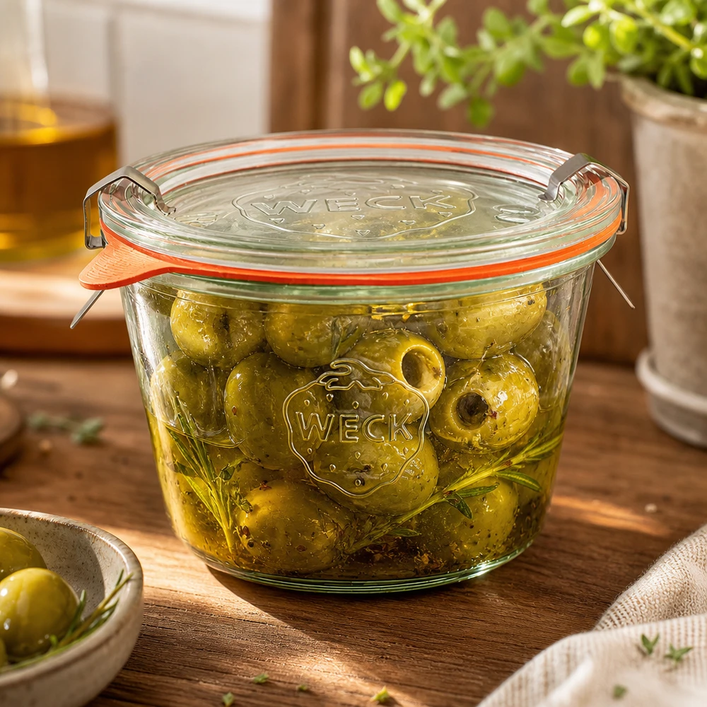 370ml Sturzglas komplett WECK RR100 WECK Sturzglas 370ml RR100 gefüllt mit eingelegten Oliven in Öl zeigt perfekte Konservierung von Antipasti