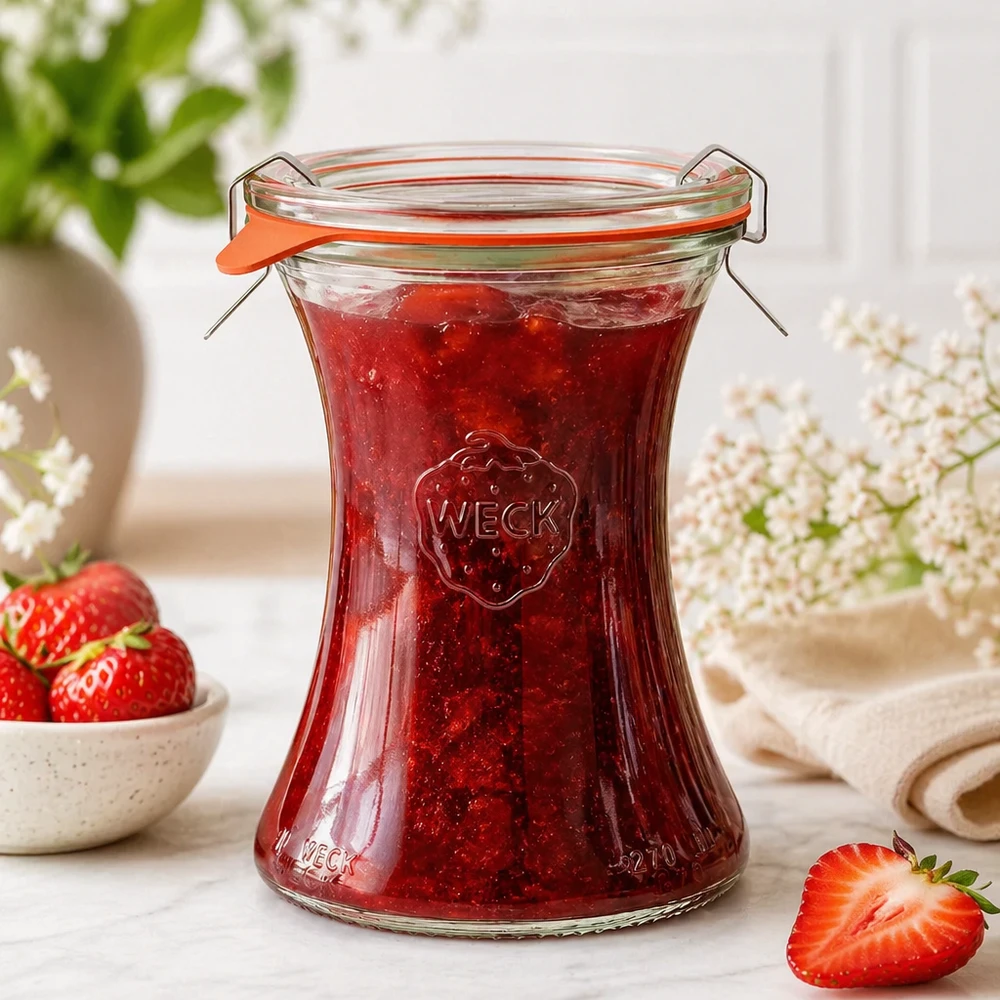 Barattolo da 370 ml della linea WECK RR80 WECK vaso da gastronomia 370ml RR80 riempito di marmellata di fragole fatta in casa Barattolo da muratore con coperchio girevole Lifestyle