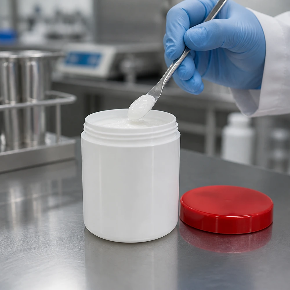 Pot à pommade médical de 250 g : récipient rond blanc avec couvercle rouge sur socle en acier inoxydable