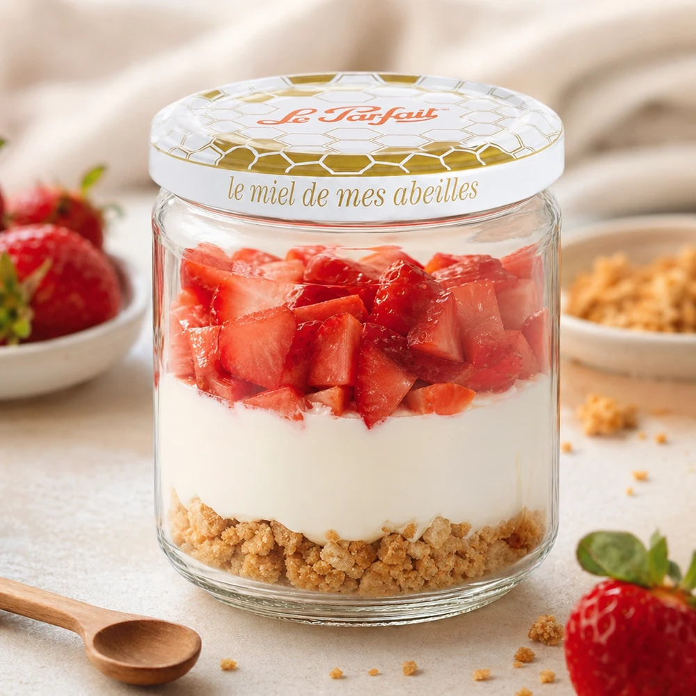 Le Parfait® vaso miele 212 ml Ø63 mm Le Parfait 212ml Vasetto per miele usato come coppa da dessert con fragole, yogurt e base di biscotti