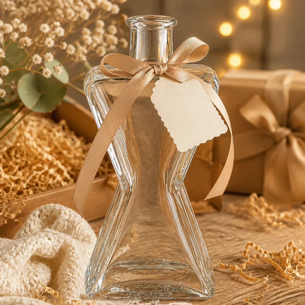 200ml Glasflasche Star mit Geschenkband und Etikett als Präsent dekoriert neben getrockneten Blumen
