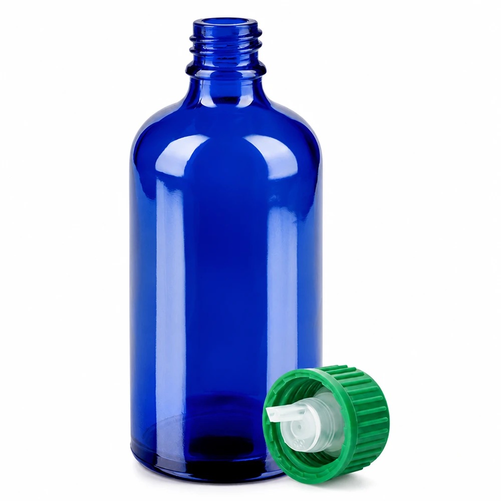 100ml Tropfflasche 0.8mm grünStandardverschluss BlueLine UT18/100 Kompakte 100ml Dosierflasche aus hochwertigem blauem Glas mit professionellem Tropfmechanismus